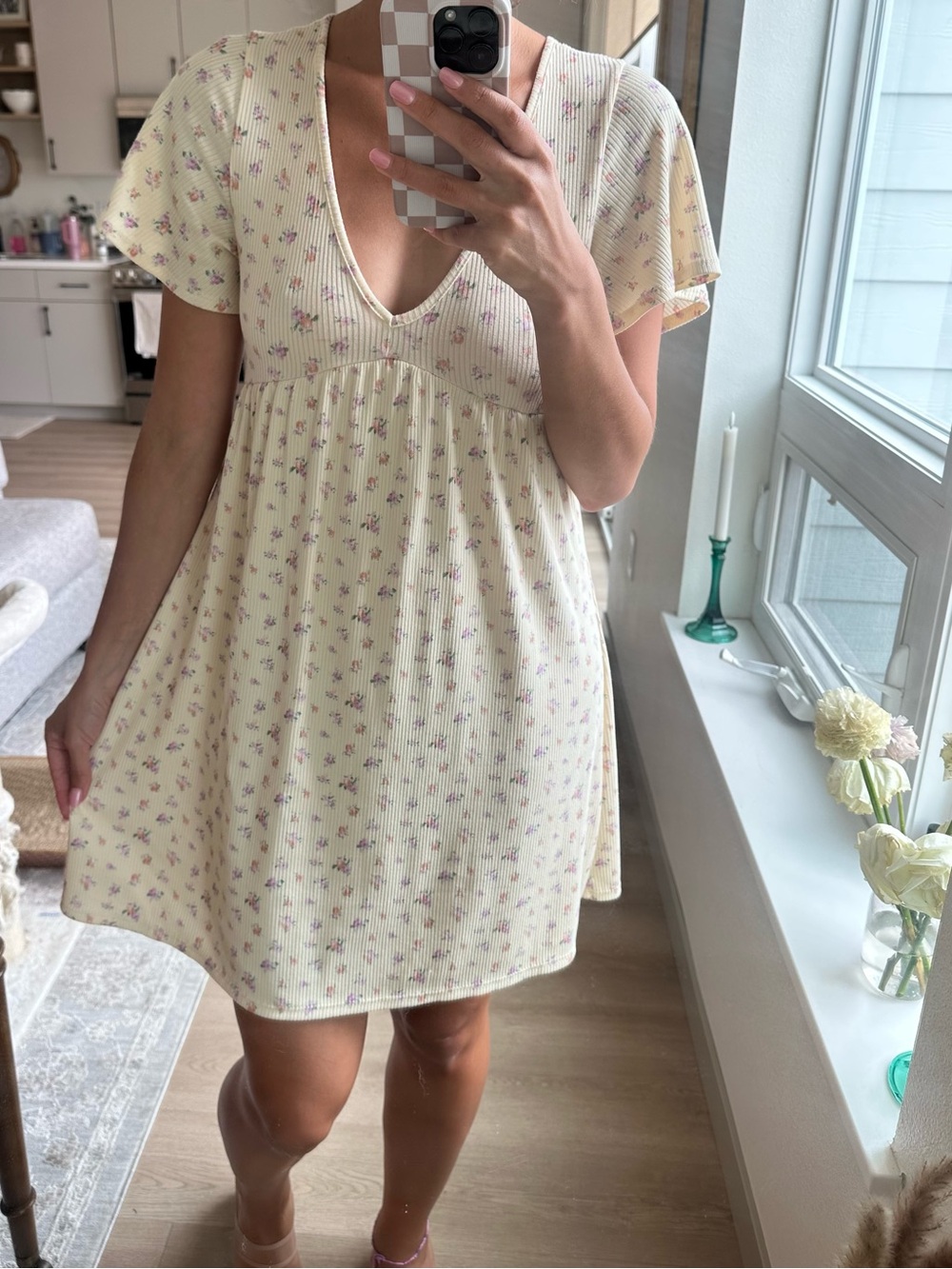 Butter yellow Floral V-Neck Babydoll Dress